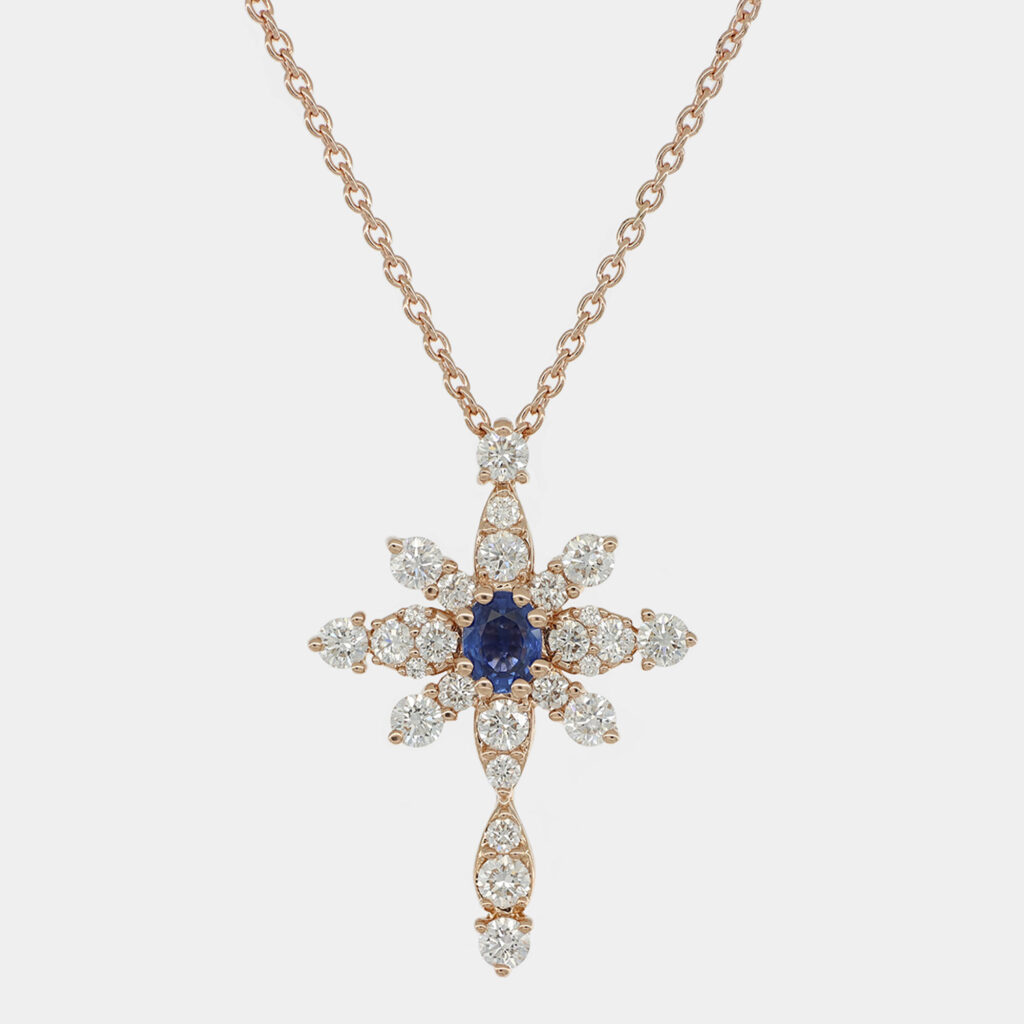 Collana Long Snowflake diamanti e zaffiro Rosé - Gioielleria Casavola di Noci - gioiello in oro rosa 18 carati - idee regalo compleanno donna che ha tutto