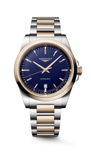 Longines Conquest L3.860.3.98.7 - Gioielleria Casavola di Noci - orologio svizzero al quarzo con cassa bicolore argento e oro rosa da 41 mm di diametro - quadrante blu effetto sabbiato