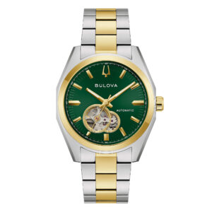 Bulova Surveyor Automatic 39mm 98A338 - Gioielleria Casavola di Noci - orologio con finestra sul quadrante color verde ad ore 6 - ghiera in acciaio INOX color oro giallo